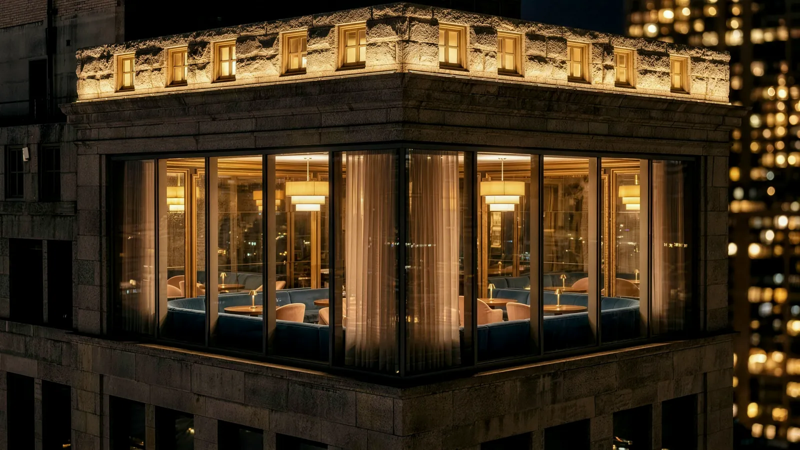 A warmly lit private room in a Manhattan building at night
